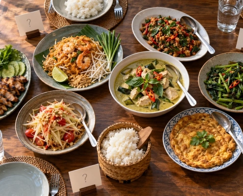 โต๊ะอาหารไทยแบบแบ่งจาน มีข้าว น้ำ และช้อนกลางสำหรับวางแผนมื้อกลุ่ม