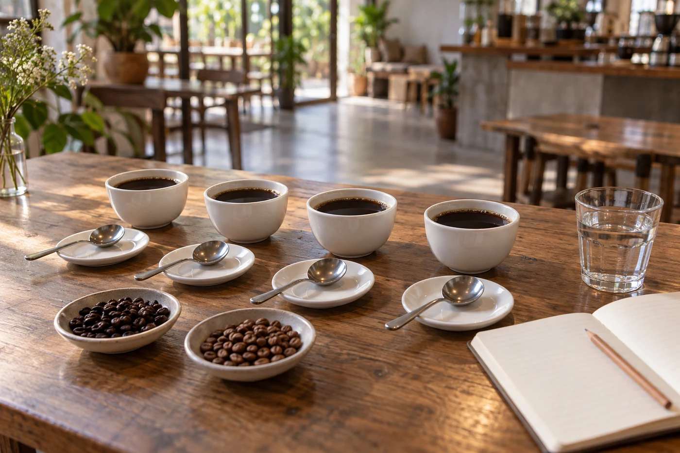ภาพแนวคิดถ้วยกาแฟสำหรับเปรียบเทียบพร้อมช้อนชิม น้ำ และสมุดบันทึก