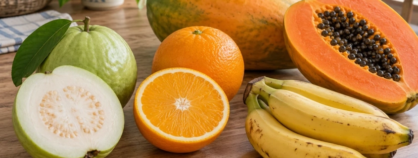 ฝรั่ง ส้ม มะละกอ และกล้วยบนโต๊ะไม้