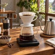 ภาพแนวคิดชุดดริปกาแฟพร้อมกาคอห่าน เครื่องบดมือ และเครื่องชั่ง