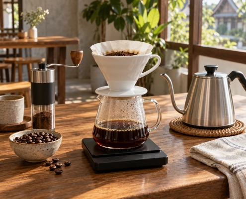 ภาพแนวคิดชุดดริปกาแฟพร้อมกาคอห่าน เครื่องบดมือ และเครื่องชั่ง