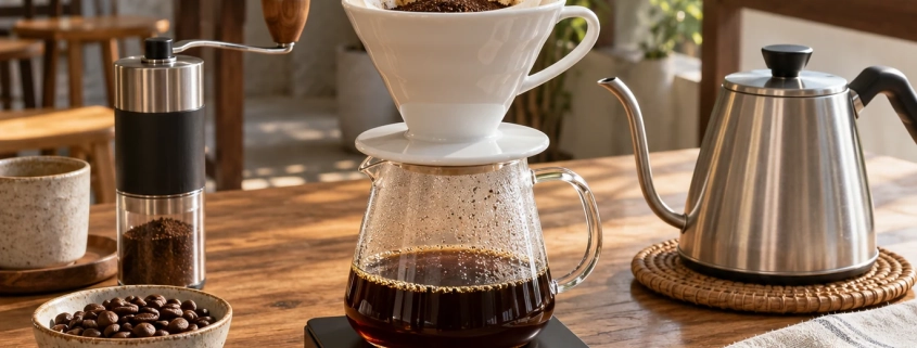 ภาพแนวคิดชุดดริปกาแฟพร้อมกาคอห่าน เครื่องบดมือ และเครื่องชั่ง