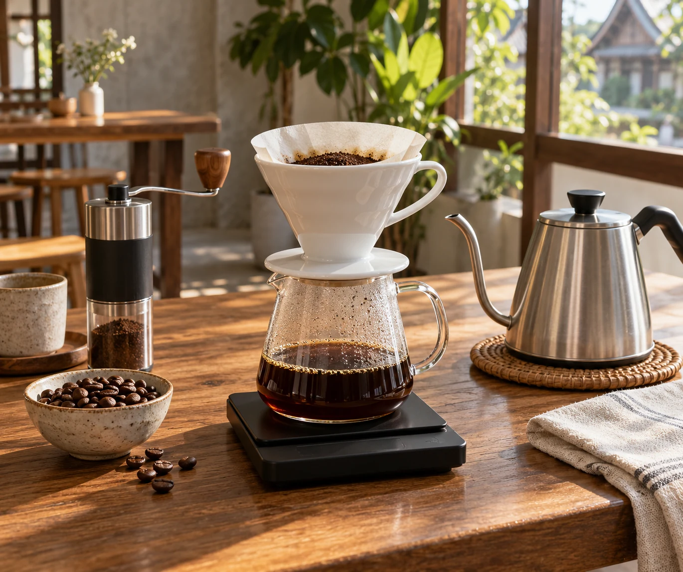 ภาพแนวคิดชุดดริปกาแฟพร้อมกาคอห่าน เครื่องบดมือ และเครื่องชั่ง