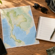 แผนที่ประเทศไทย สมุดเช็กลิสต์ และอุปกรณ์เดินทางบนโต๊ะไม้