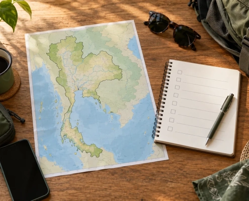 แผนที่ประเทศไทย สมุดเช็กลิสต์ และอุปกรณ์เดินทางบนโต๊ะไม้