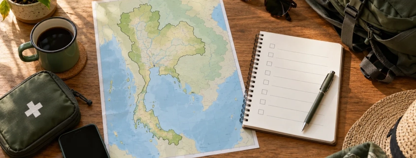 แผนที่ประเทศไทย สมุดเช็กลิสต์ และอุปกรณ์เดินทางบนโต๊ะไม้