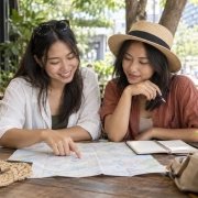 นักเดินทางสองคนวางแผนด้วยแผนที่และสมุดบนโต๊ะในร่มเงา