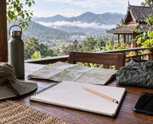 สมุดวางแผน แผนที่ หมวก ขวดน้ำ และโทรศัพท์บนโต๊ะริมระเบียงภูเขา