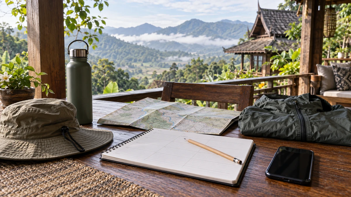 สมุดวางแผน แผนที่ หมวก ขวดน้ำ และโทรศัพท์บนโต๊ะริมระเบียงภูเขา