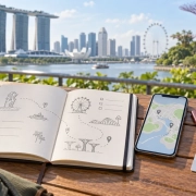 สมุดวางแผน แผนที่ และอุปกรณ์เดินทางริมอ่าวสิงคโปร์