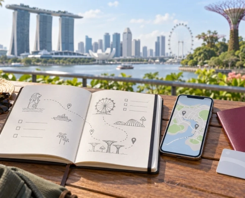 สมุดวางแผน แผนที่ และอุปกรณ์เดินทางริมอ่าวสิงคโปร์