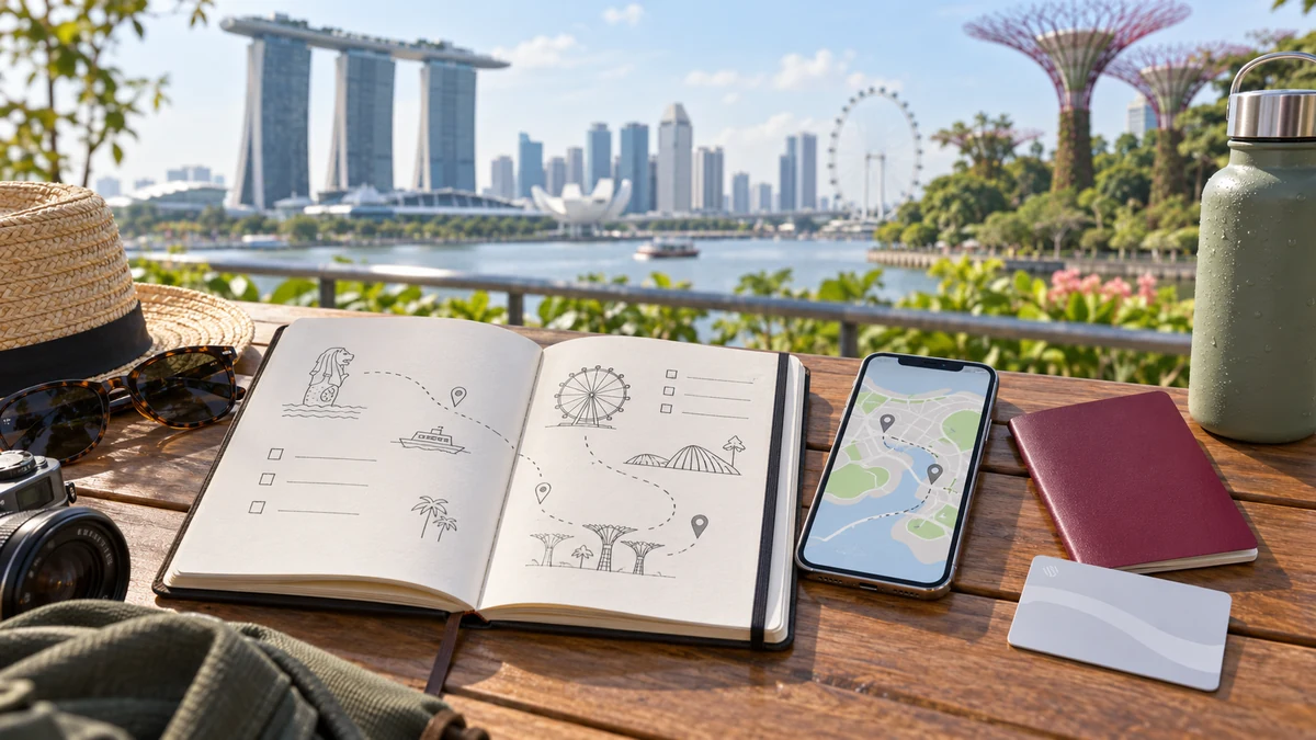 สมุดวางแผน แผนที่ และอุปกรณ์เดินทางริมอ่าวสิงคโปร์