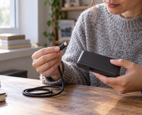 ผู้ถือพาวเวอร์แบงก์และสาย USB-C ที่ยังไม่เสียบเข้ากันบนโต๊ะ