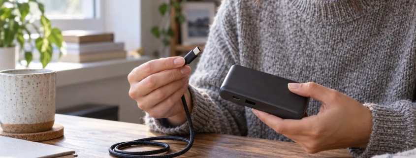 ผู้ถือพาวเวอร์แบงก์และสาย USB-C ที่ยังไม่เสียบเข้ากันบนโต๊ะ