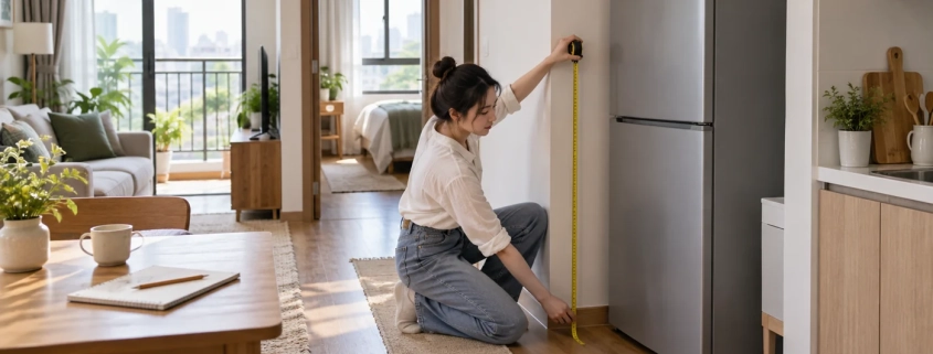 ผู้อยู่อาศัยใช้ตลับเมตรวัดพื้นที่ข้างตู้เย็นในห้องขนาดกะทัดรัด