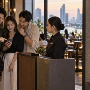 เพื่อนสี่คนตรวจเวลานัดบนโทรศัพท์ร่วมกันบริเวณหน้าร้านอาหาร