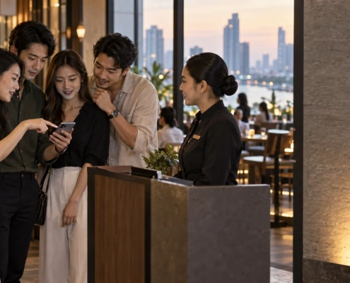เพื่อนสี่คนตรวจเวลานัดบนโทรศัพท์ร่วมกันบริเวณหน้าร้านอาหาร