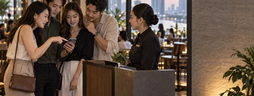เพื่อนสี่คนตรวจเวลานัดบนโทรศัพท์ร่วมกันบริเวณหน้าร้านอาหาร