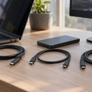 สาย USB-C สามเส้นวางแยกกันข้างโน้ตบุ๊ก SSD และจอภาพ