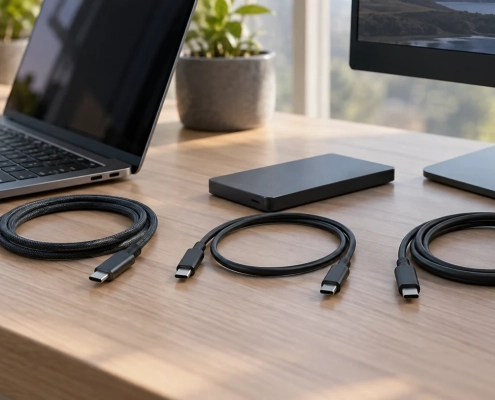 สาย USB-C สามเส้นวางแยกกันข้างโน้ตบุ๊ก SSD และจอภาพ