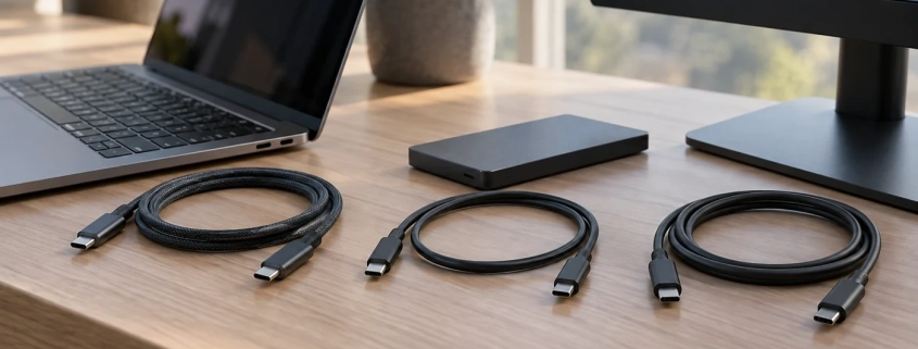 สาย USB-C สามเส้นวางแยกกันข้างโน้ตบุ๊ก SSD และจอภาพ