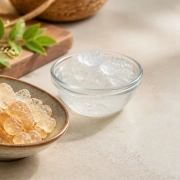 รังนกหิมะ Gum Karaya แบบแห้งในชามและแบบพองหลังแช่น้ำ