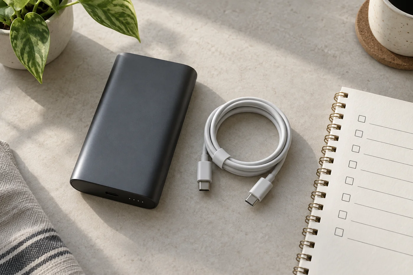พาวเวอร์แบงก์และสาย USB-C วางข้างสมุดบันทึกช่องตรวจสอบ