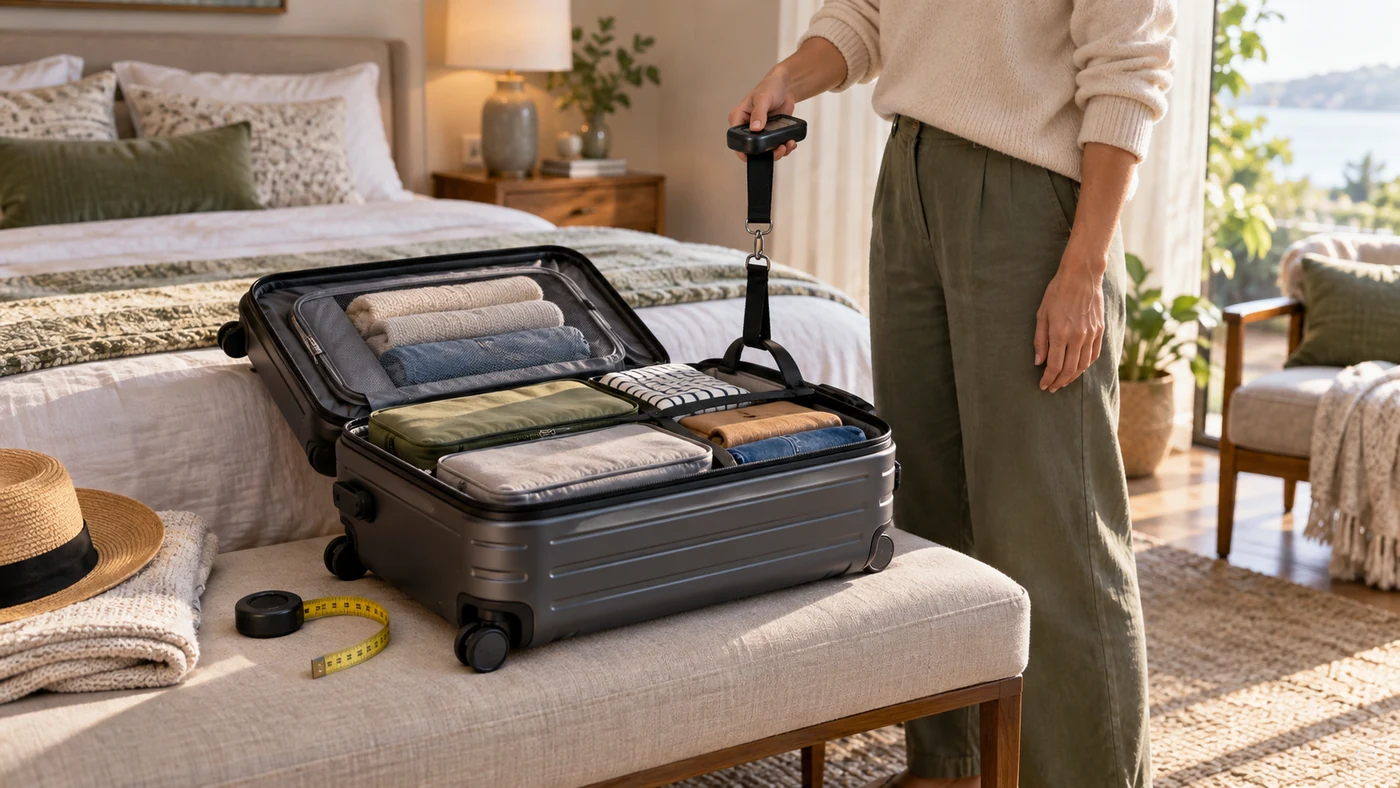 ผู้เดินทางกำลังยกกระเป๋าถือขึ้นเครื่องด้วยเครื่องชั่งสัมภาระข้างสายวัด