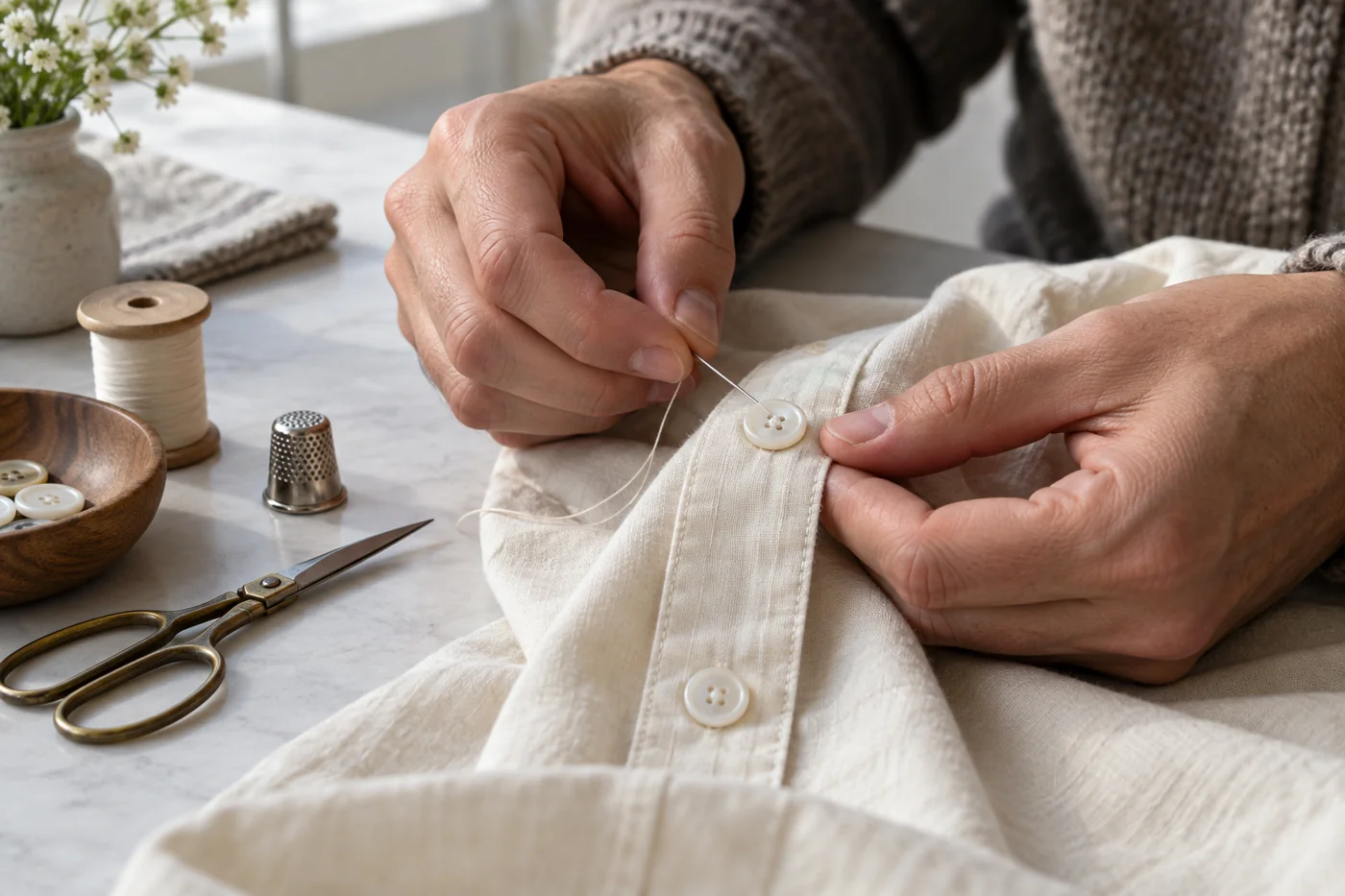 มือผู้ใหญ่กำลังเย็บกระดุมบนเสื้อสีครีมโดยมีกล่องกระดุมและกรรไกรอยู่บนโต๊ะ