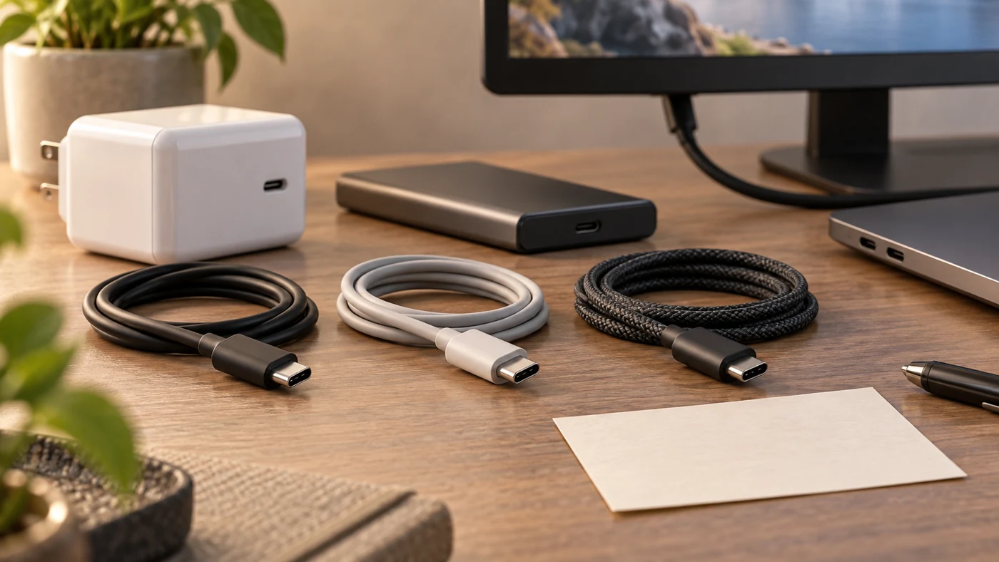 สาย USB-C สามเส้นวางข้างอะแดปเตอร์ SSD และคอมพิวเตอร์เพื่อเตรียมตรวจสเปก