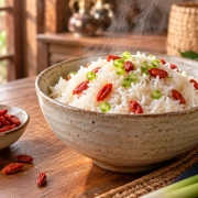 ข้าวสุกกับเก๋ากี้เม็ดแดงและจานเก๋ากี้แห้ง ภาพประกอบแนวคิด