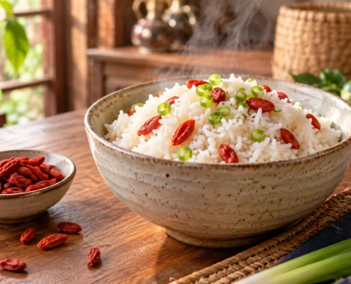 ข้าวสุกกับเก๋ากี้เม็ดแดงและจานเก๋ากี้แห้ง ภาพประกอบแนวคิด