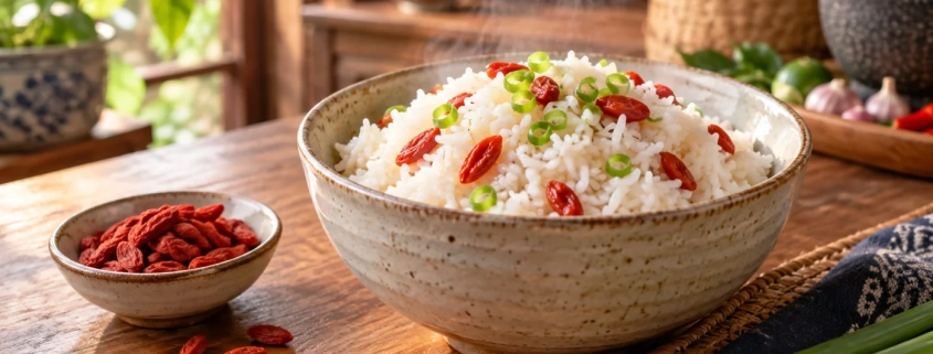 ข้าวสุกกับเก๋ากี้เม็ดแดงและจานเก๋ากี้แห้ง ภาพประกอบแนวคิด