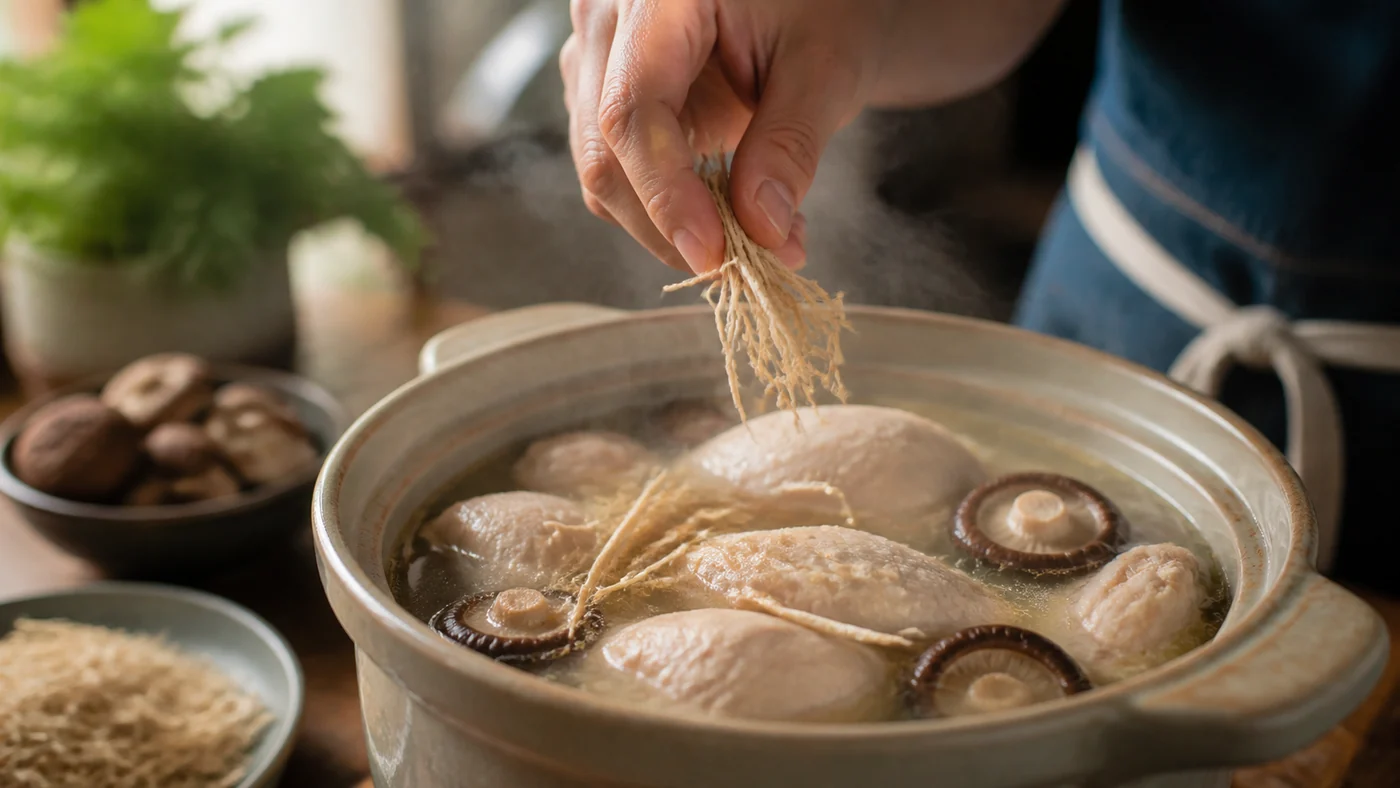 มือกำลังใส่รากโสมขาวแห้งเส้นฝอยลงในซุปไก่และเห็ดหอม